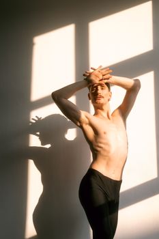 A dancer posing gracefully in the sunlight, casting a bold shadow on the wall.