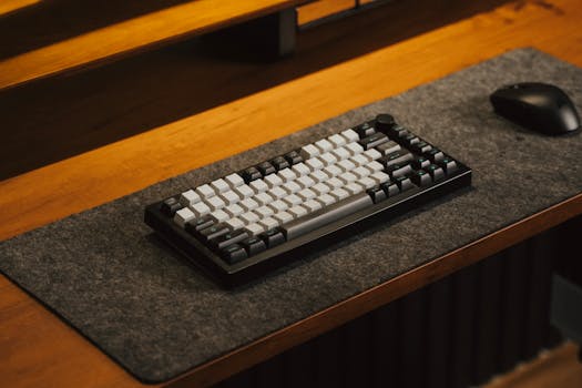 A stylish mechanical keyboard with mouse on a wooden desk for a sleek setup.