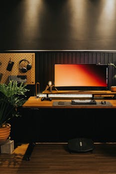 Stylish home office with a widescreen monitor, plants, and ambient lighting.