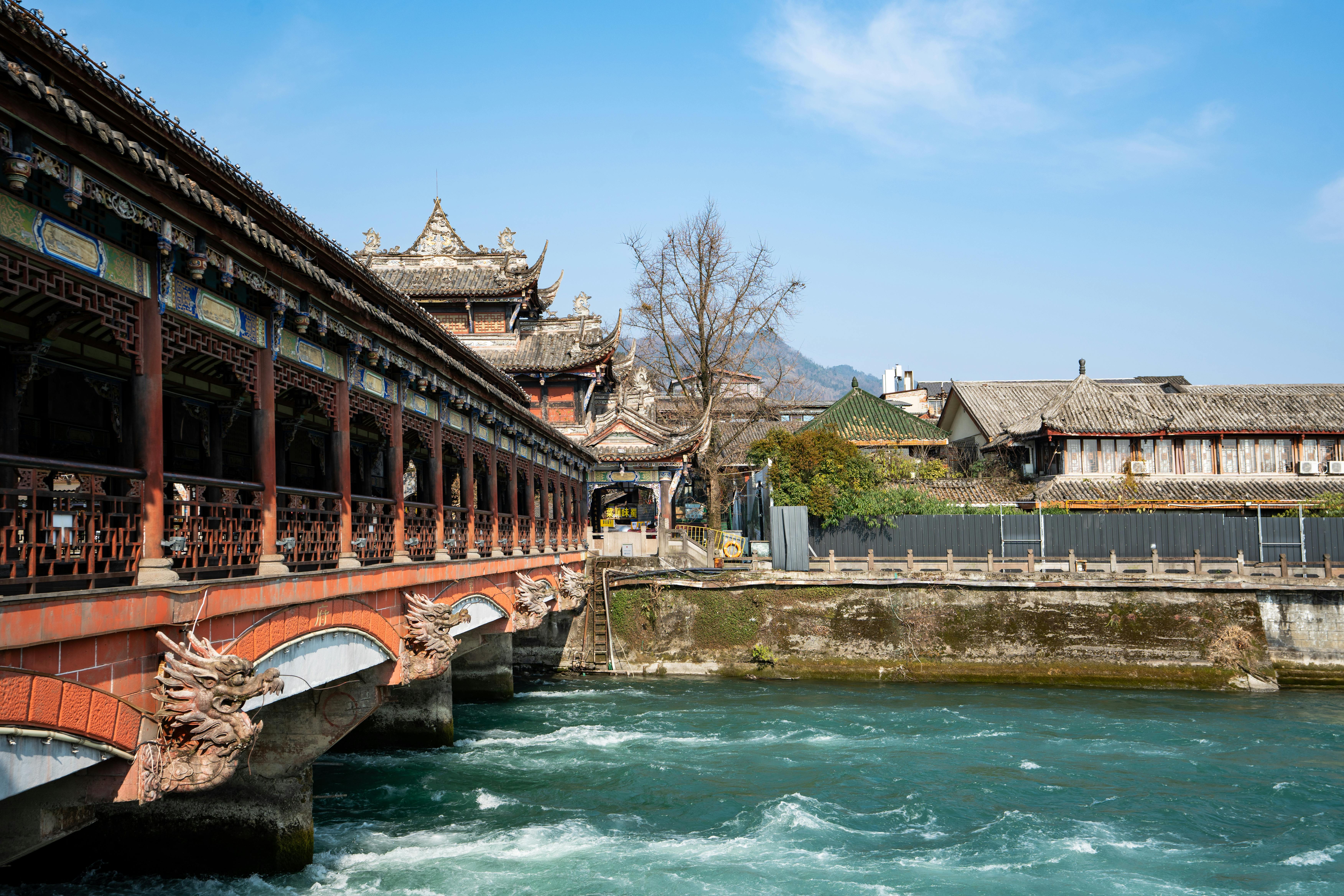 Traditional Chinese Bridge Over River in Chengdu