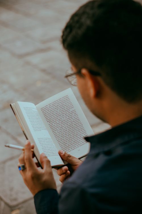 Free Man reading a book outdoors on a sunny day, holding a pen. Stock Photo