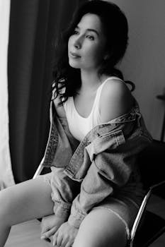 Captivating black and white portrait of a young woman in casual attire, exuding elegance.