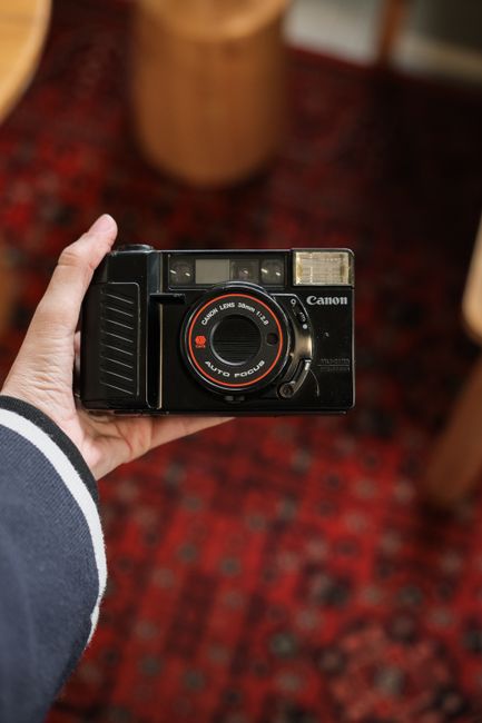 A person holding a vintage camera with a vibrant patterned rug in the background.
