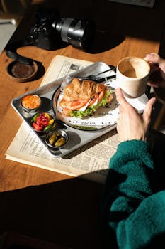 Morning light on a croissant sandwich and coffee at a cozy café in Istanbul.