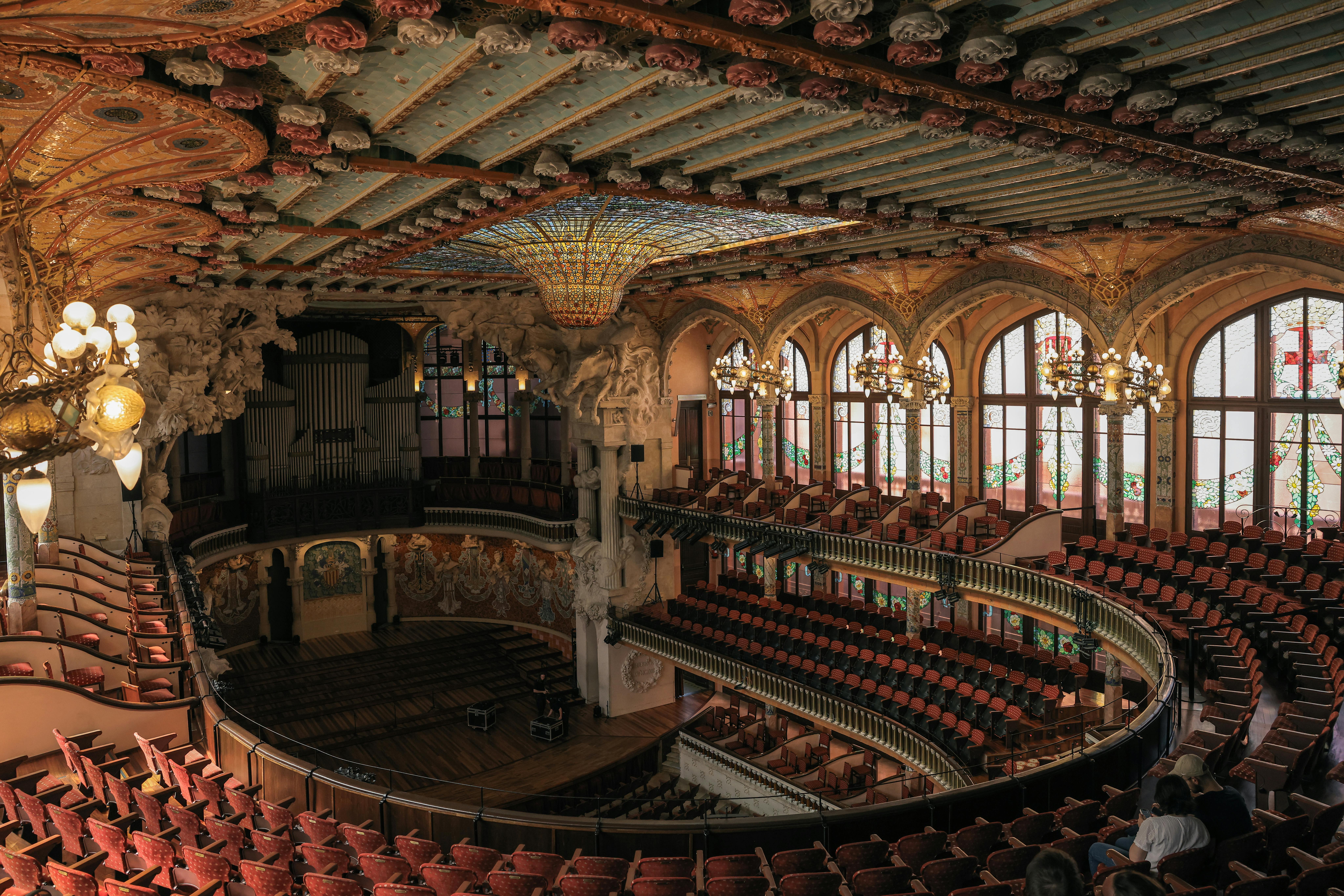 Free Stunning interior of Palau de la Música Catalana showcasing its ornate architecture and colorful details. Stock Photo