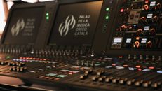 Close-up of a sound mixing console at Palau de la Música, Barcelona.