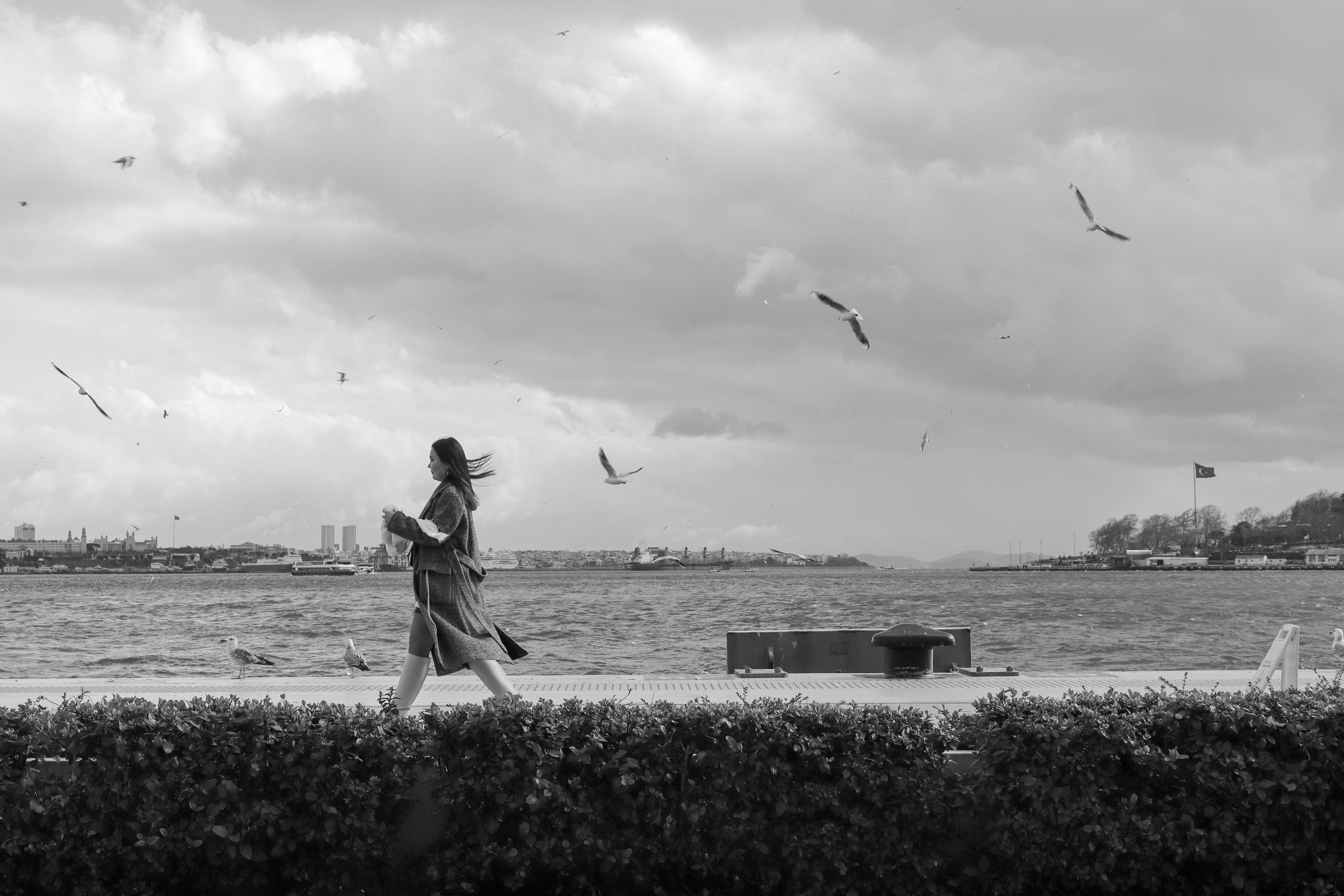 A woman walks by the seaside with seagulls flying above, captured in black and white.