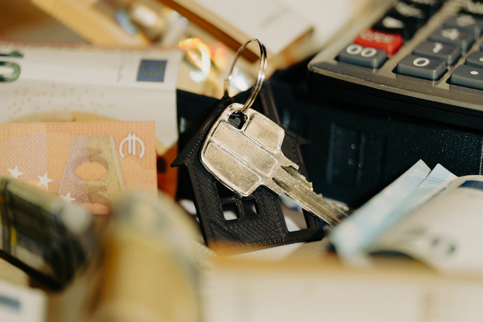 negotiating business loans for expansion - House keys rest on a keychain with euro banknotes and calculator, symbolizing real estate investment.