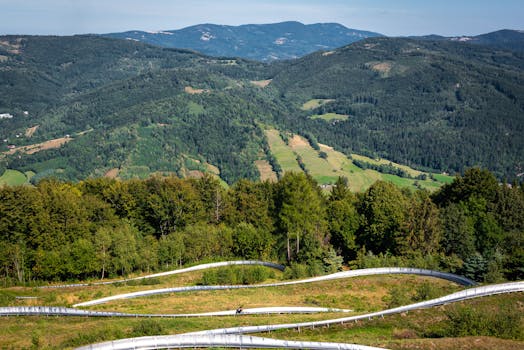 Breathtaking aerial view of lush green mountains and winding paths in Poland.