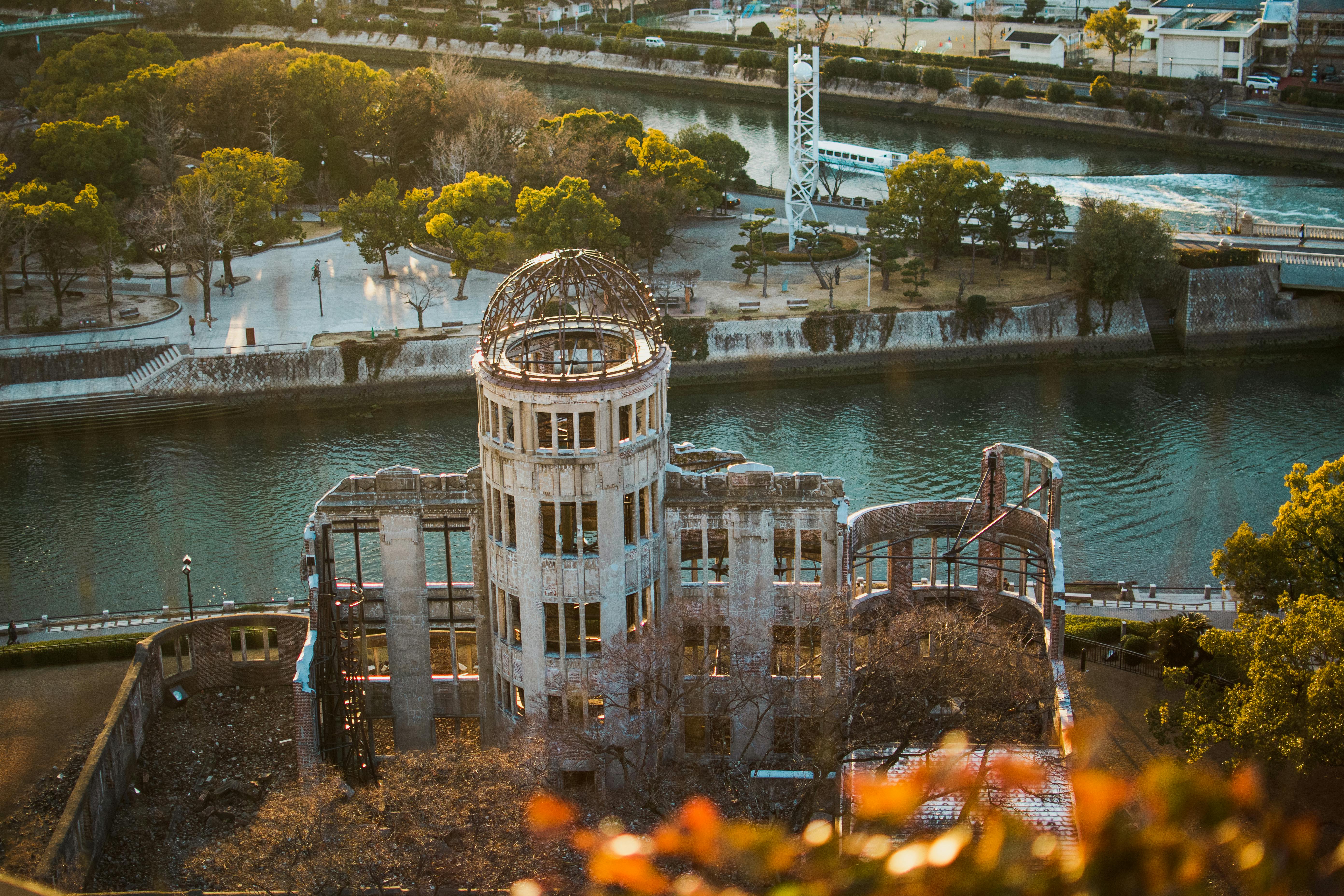 Stunning aerial capture of Hiroshima Peace Memorial Dome, a UNESCO World Heritage Site. - Hiroshima
