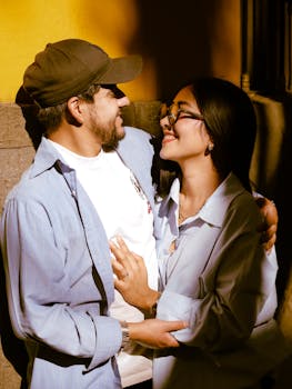 A couple smiling at each other in a loving embrace against a sunny urban backdrop.