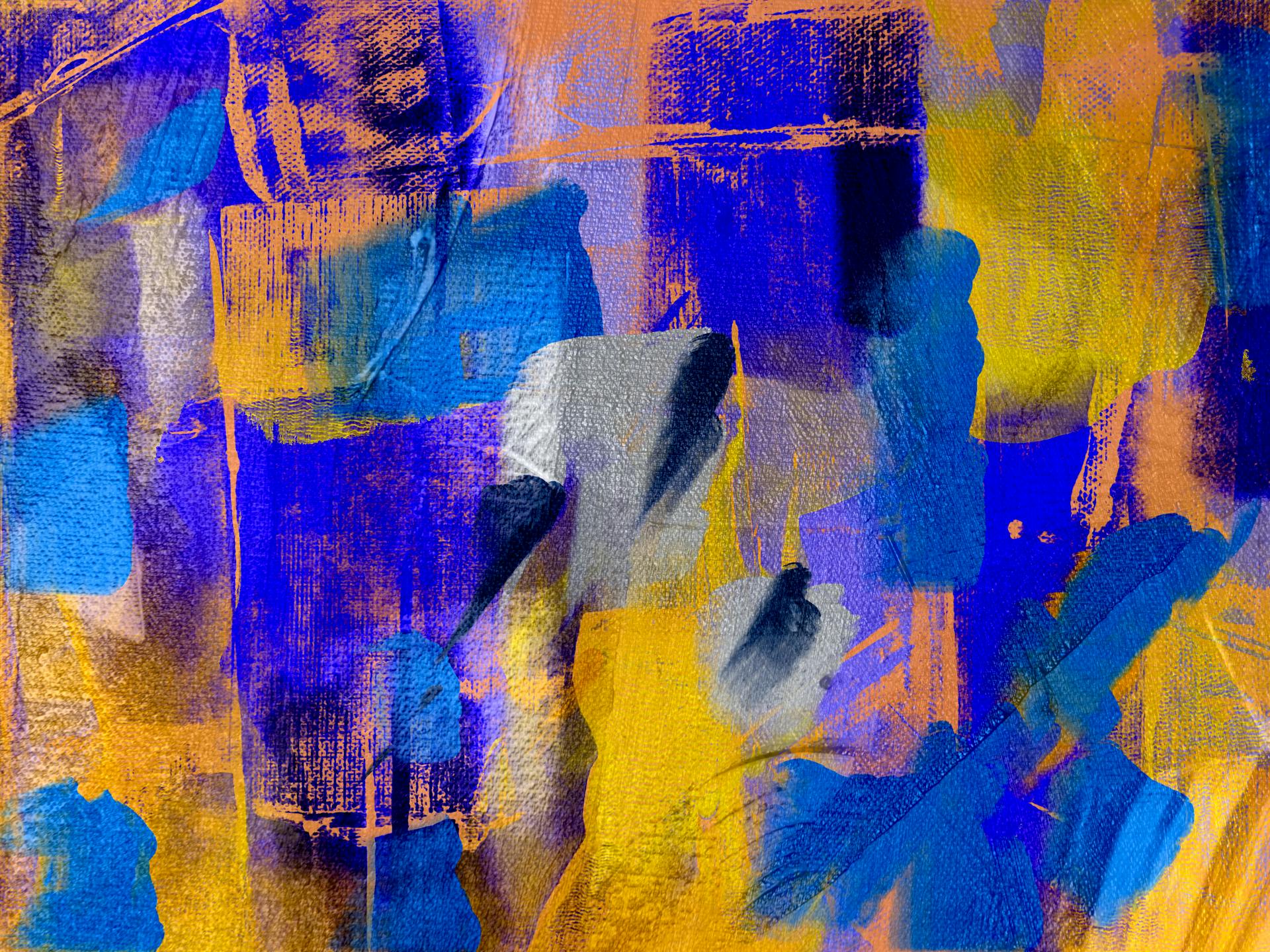 Dynamic abstract painting with rich blue and gold textures creating a vibrant expressionist art piece.