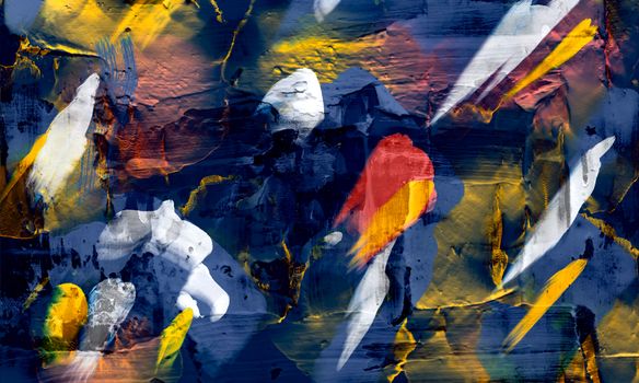 Dynamic abstract expressionist artwork featuring vivid colors and textures.
