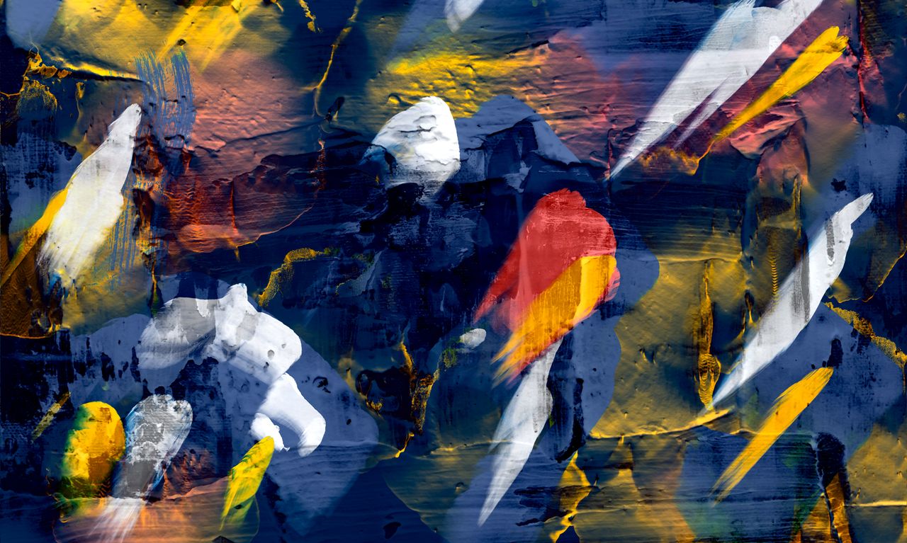 dynamic abstract expressionist artwork featuring vivid colors and text