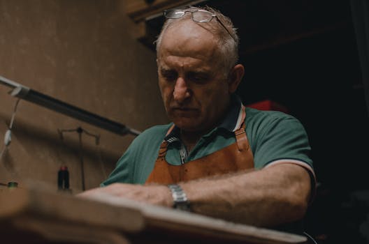 在室内，戴围裙的高级眼镜工匠精心制作，注重重点和技巧