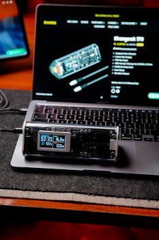 A digital device displaying data connected to a laptop in a tech-savvy setup.