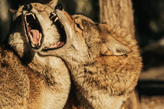 Two coyotes showcasing affection and interaction in their natural habitat.