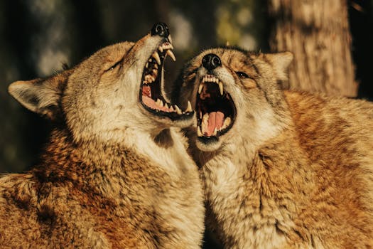 Intense close-up of two coyotes growling, showcasing their sharp teeth and dynamic interaction.