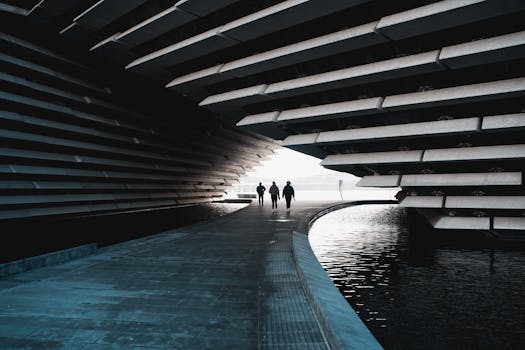 Dramatic view of modern architecture at V&A Dundee Museum in Scotland, showcasing striking lines and reflection.