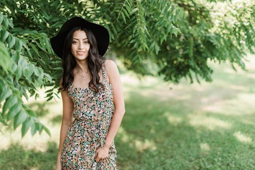 阳光明媚的公园里，一个穿着花裙、戴着宽边帽的女人微笑着