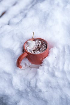 Warm hot chocolate with marshmallow in a red mug nestled in snow, perfect for winter vibes in Istanbul.