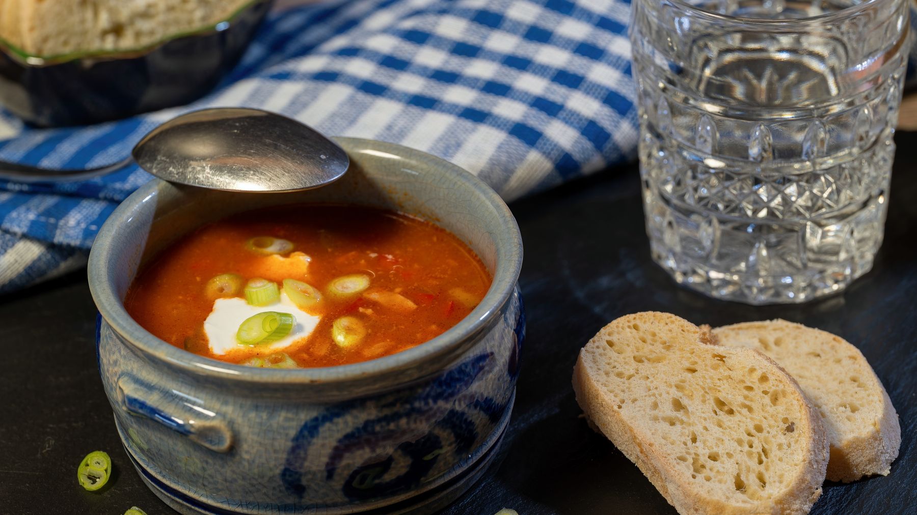 Bowl of hearty solyanka soup with sour cream, garnished with green onions, served with bread slices.