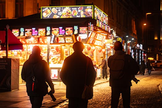 Three people walking towards illuminated food stands on a lively city street at night.