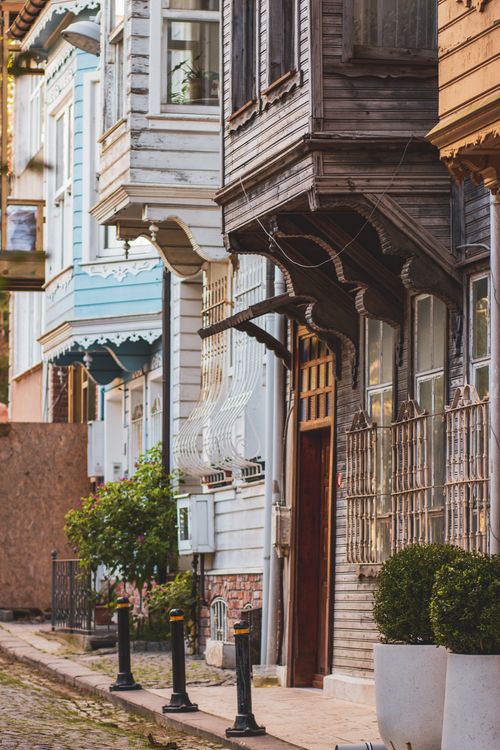Free Beautiful row of historic wooden houses in Istanbul's Kuzguncuk neighborhood. Stock Photo