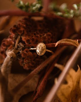 干花上，金戒指的特写展现出错综复杂的细节，营造出温暖的秋天美感