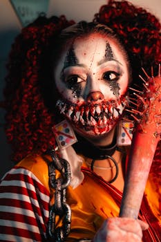 Creepy clown character with red hair and face paint holding a spiked bat.