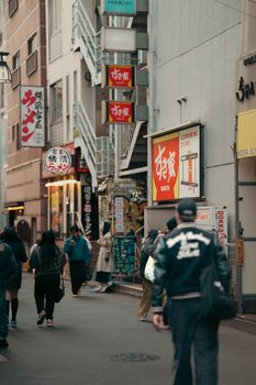 Street scene in Japan featuring people walking among shops with bright signage, showcasing urban culture.