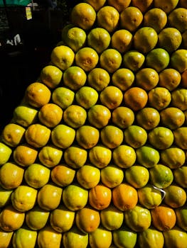 Vibrant citrus fruits on display at a São Paulo market, showcasing tropical abundance.