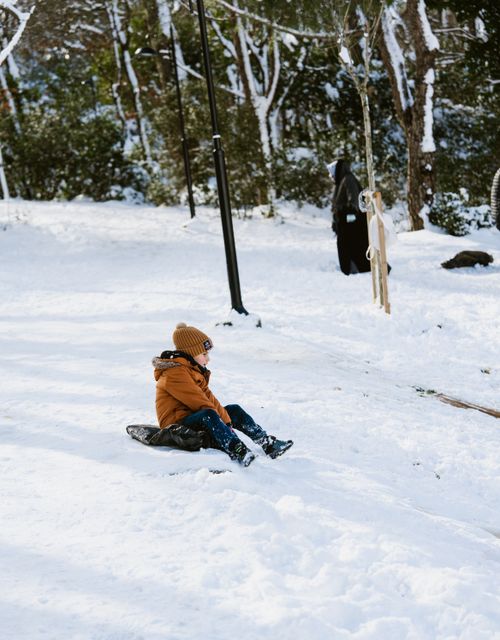 Free Young child enjoying sledding on a snowy winter day in a park setting. Stock Photo