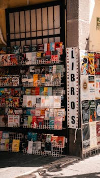 Outdoor bookstore in Puebla, Mexico displaying a variety of books and magazines.