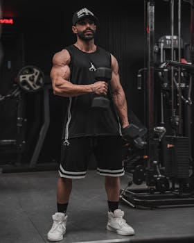 A muscular man exercises with dumbbells in a modern gym setting.