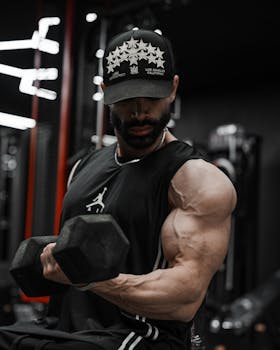 Focused athlete lifting a heavy dumbbell in a modern gym setting.