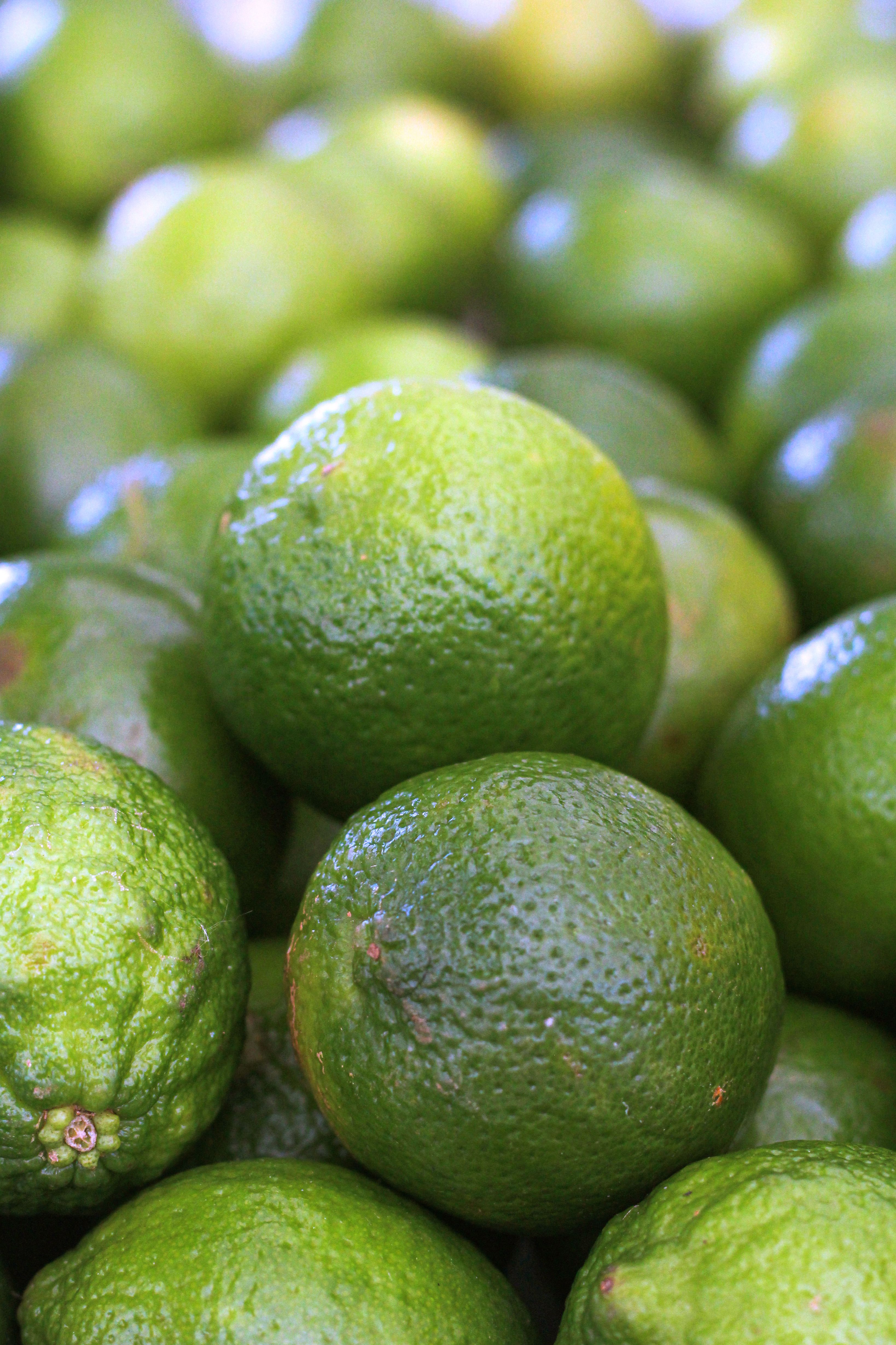 A close-up view of fresh green limes showcasing vibrant citrus textures.