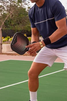 Athlete playing pickleball outdoors with paddle and ball on court