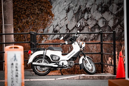 A detailed photograph of a classic white Honda motorcycle parked by a fence in an outdoor setting.