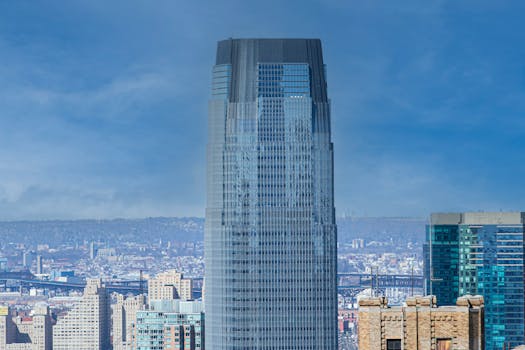 Modern skyscraper with glass facade in New Jersey's urban skyline.
