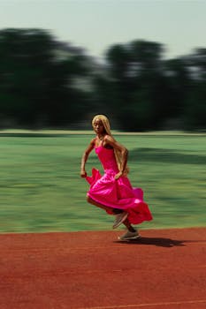 Dynamic shot of a woman sprinting in a vibrant pink dress on a track.