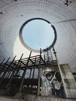 一座废弃的冷却塔内，以惊人的城市艺术为特色的大气景观