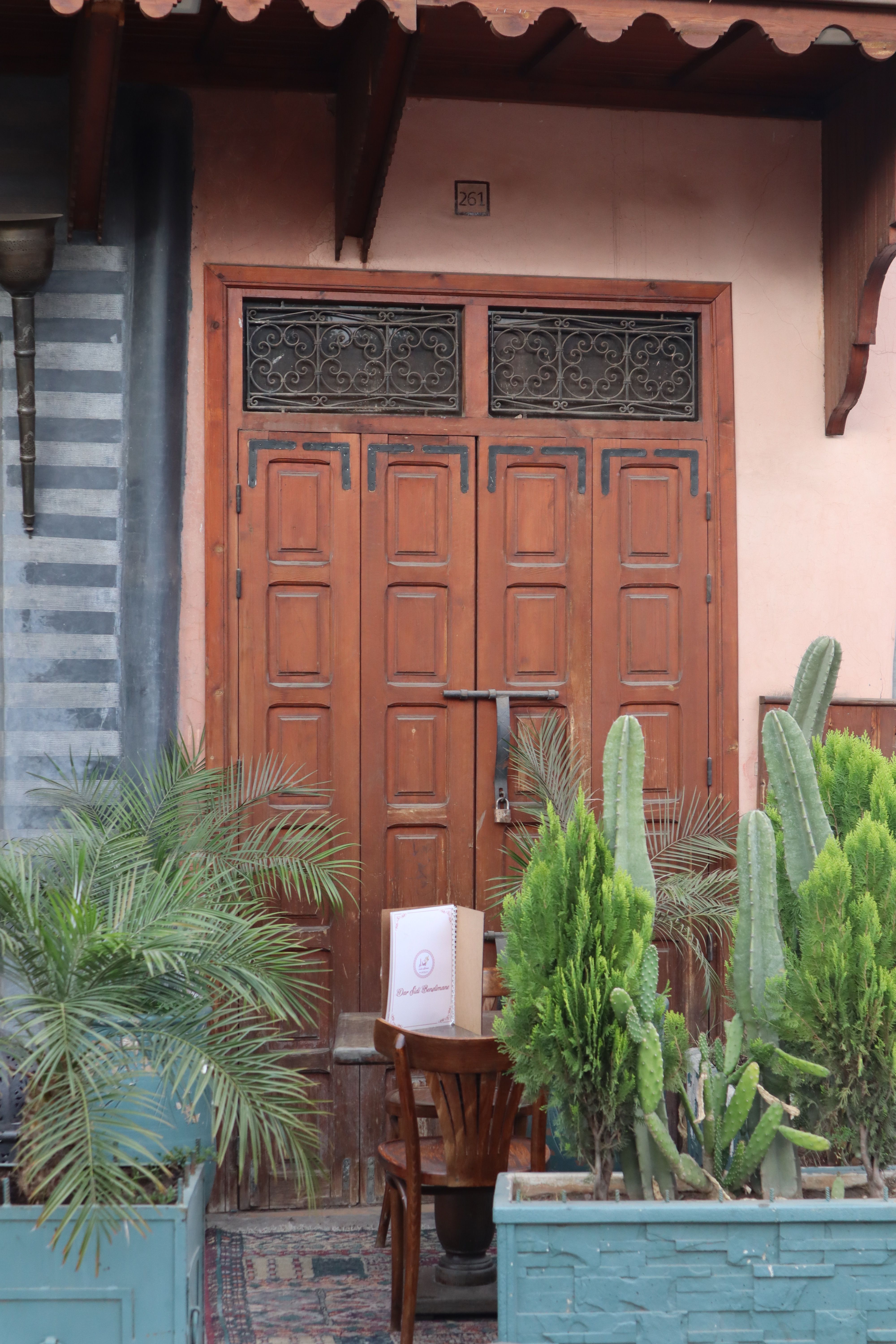 Charming wooden door with lush potted plants and rustic decor.