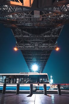 城市灯光下，桥梁与公交车构成的夜景颇具戏剧性