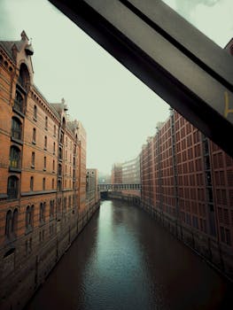 Captivating view of the Speicherstadt district's iconic canals and architecture.