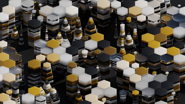 Vibrant 3D abstract hexagonal pattern with gold, white, and black geometric layers.