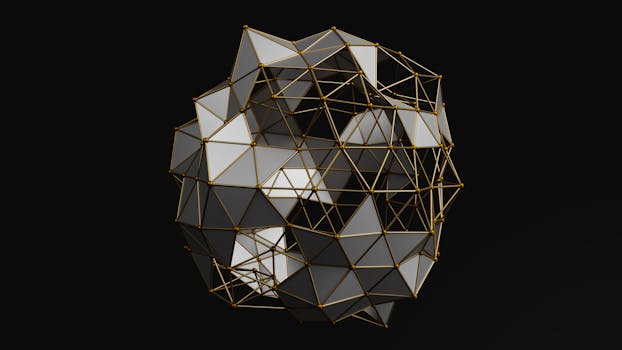 Intricate 3D geometric structure featuring gold framework and polygonal facets on a dark background.