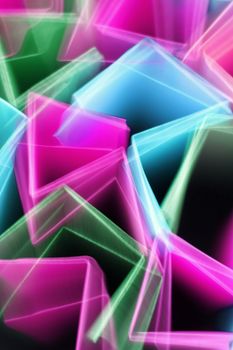 Bright geometric shapes in neon colors, creating vibrant abstract art.