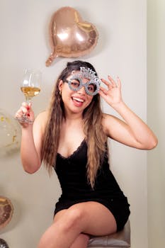 Young woman celebrates birthday joy with a toast, wearing festive eyewear and a black dress.