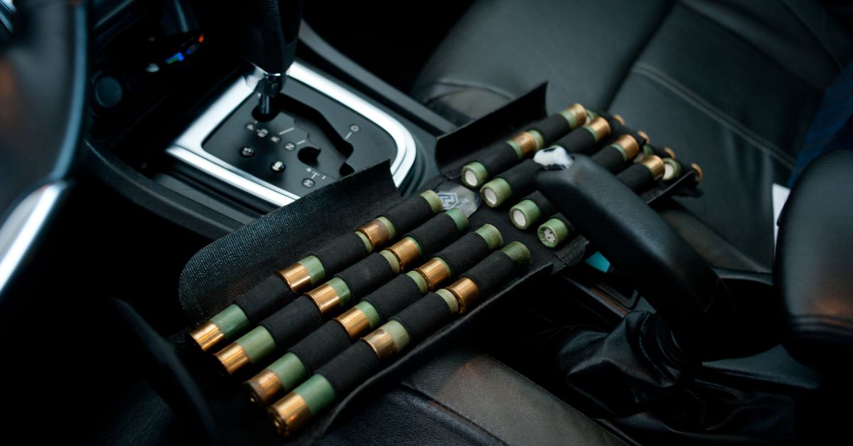 Shotgun shells organized in a car interior near the gearshift. Detailed vehicle close-up.